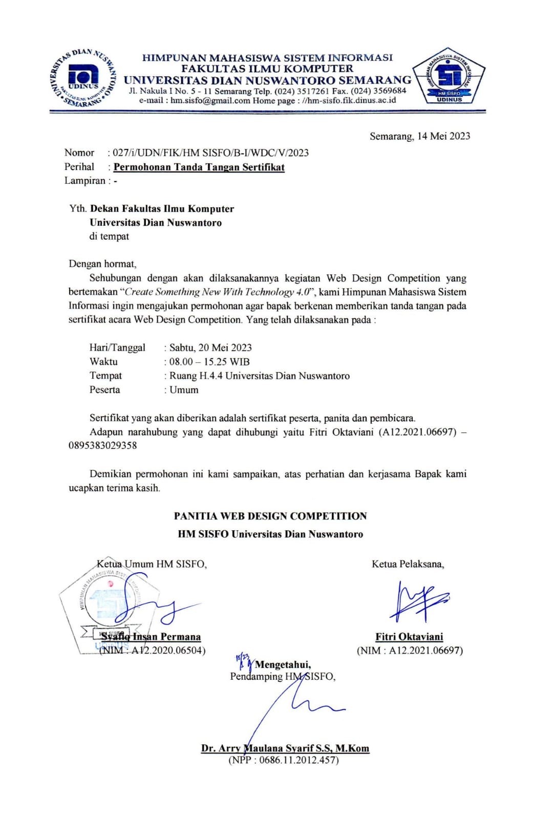 Surat Permohonan Tanda Tangan Sertifikat Dekan Fakultas Ilmu Komputer  Universitas Dian Nuswantoro